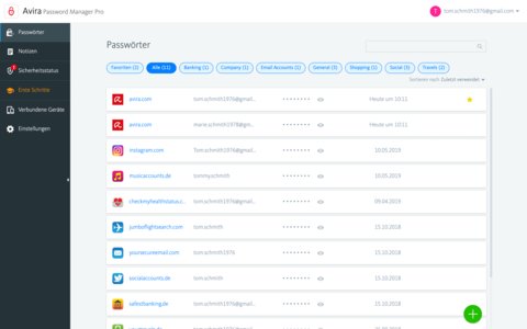 Avira Password Manager Dashboard - Meine Daten Screenshot