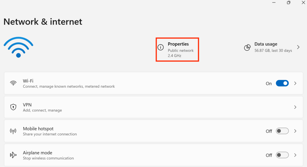 Open the properties under Network & Internet